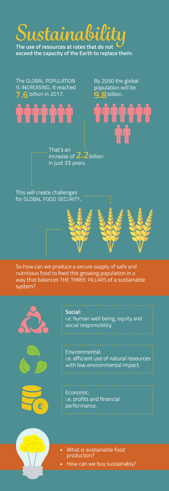Infographic defining sustainability as the use of resources at rates that do not exceed the capacity of the earth to replace them. It shows the global population increasing by 2.2 billion people by 2050 challenging global security. It asks how we can produce a secure supply of nutritious food in a way that balances the three pillars: social, environmental and economic.