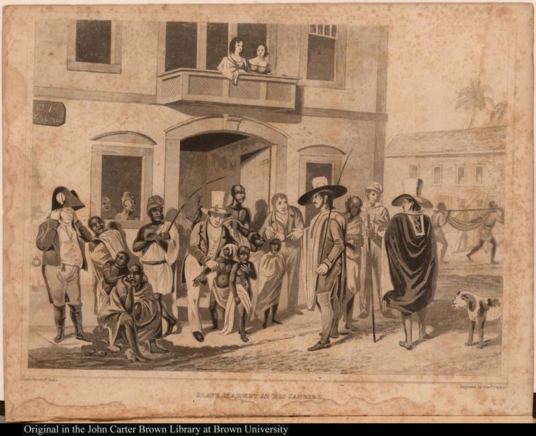 Slave market. Black slaves sitting on the street while an auction is going on. Includes a white man selling children to another who holds a whip. Also includes dog, men carrying a hammock on a pole, and dwellings.