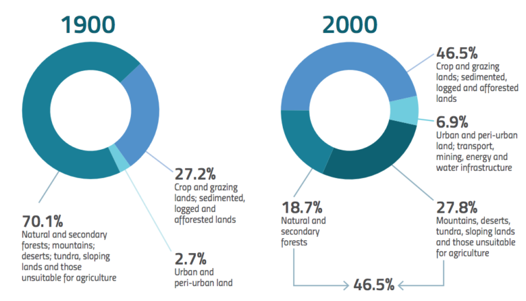 Between 1900 and 2000, natural and secondary forests; mountains; deserts; tundra, sloping lands and those unsuitable for agriculture have reduced from 70.1% to 46.5%.