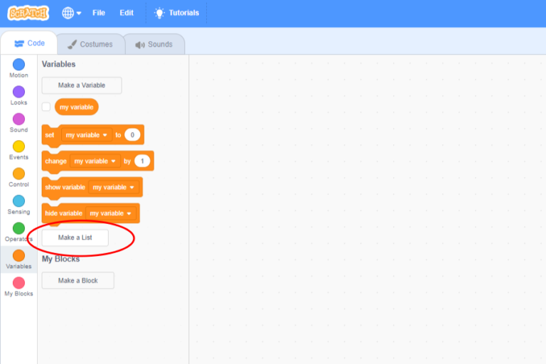 A screenshot of the web version of Scratch 3. The "Make a List" button in the "Variables" menu is highlighted.