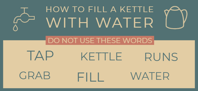 How to fill a kettle with water without using the words tap, kettle, runs, grab, fill and water