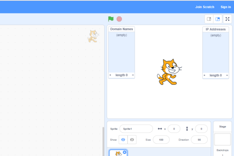 A screenshot of the web version of Scratch 3. On the stage are two empty lists, "Domain Names" and "IP Addresses".