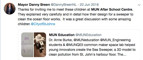 A tweet from the local mayour Danny Breen. The tweet reads "Thanks for inviting me to meet these children at MUN After School Centre. They explained very carefully and in detail how their design for a sweeper to clean the ocean floor works. It was a great discussion with some amazing children"