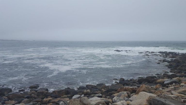 Photograph of the sea with a completely cloudy, grey sky