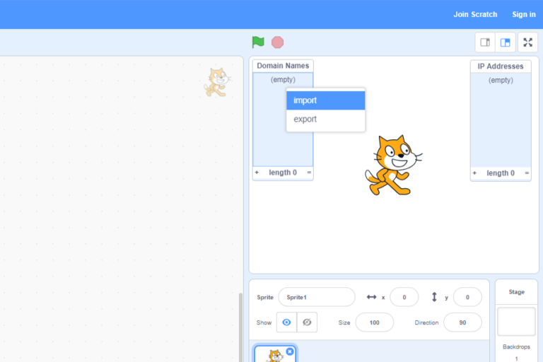 A screenshot of the web version of Scratch 3. On the stage, "Domain Names" has been right-clicked, and the "import" option has been highlighted.