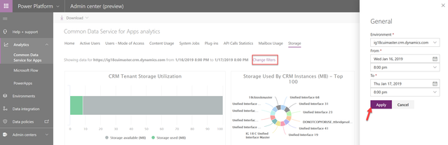 A screenshot of the Analytics tab on Power Platform’s Admin Centre, with the Common Data Service for Apps subsection, and the Change Filters option highlighted