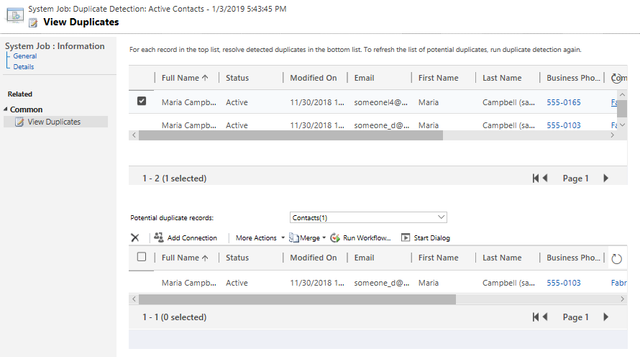A screenshot of the system job: duplicate detections results