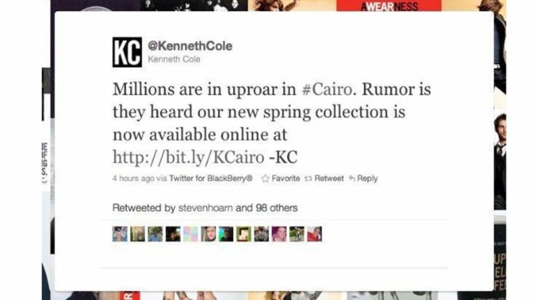 A screenshot of a tasteless Kenneth Cole Tweet