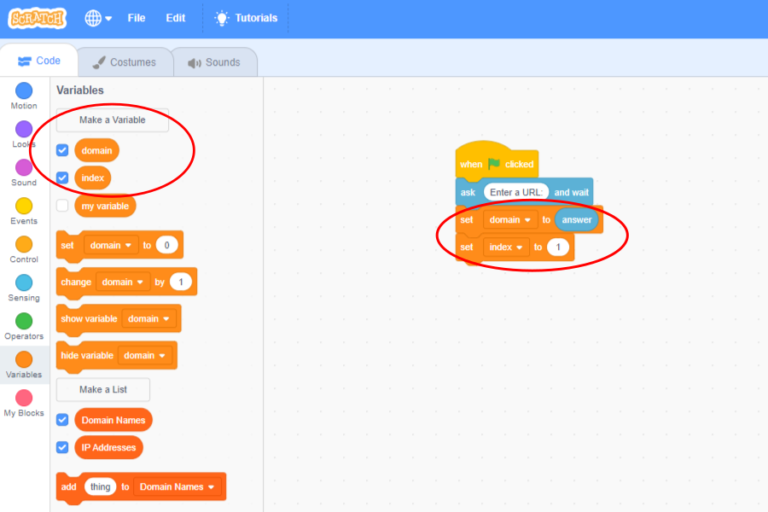 A screenshot of the web version of Scratch 3. In the variables menu, two new variables "domain" and "index" are highlighted. In the script area, two new blocks have been added to those in the last image. The first says "set domain to answer". The second says "set index to 1".