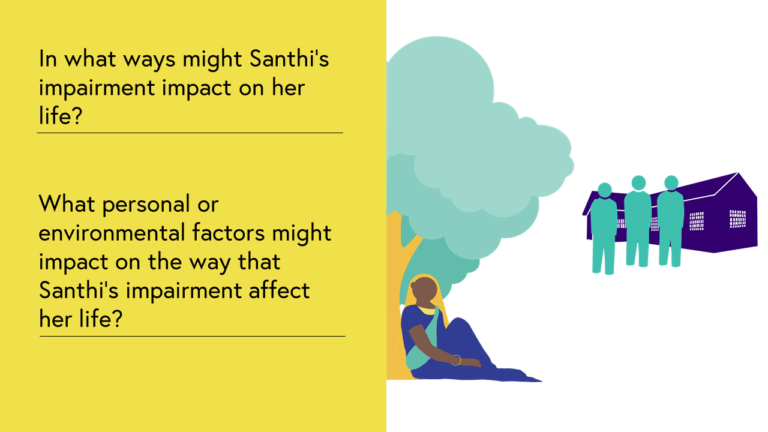 Case Study 1: Image shows Santhi sitting under a tree, isolated from community members and events