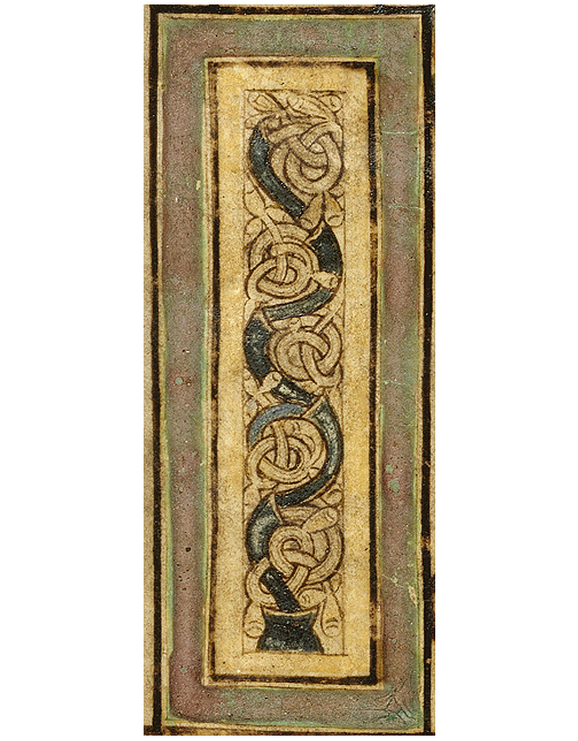Figure 2, from the Book of Kells, pillar decoration with chalice and vine (fol. 114r), a pillar decorated