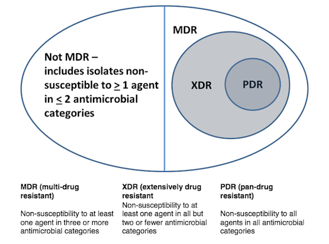 Diagram divided into sections. The left hand-side section represents bacteria that are not multi-drug resistant – includes isolates non-susceptible to more than or equal to one agent in less than or equal to two antimicrobial categories. The right hand-side of the diagram represents multi-drug resistant bacteria. Within this section is a circle representing extensively drug resistant classes and there is a smaller circle embedded to right of the larger circle representing bacteria that are pan drug resistant.