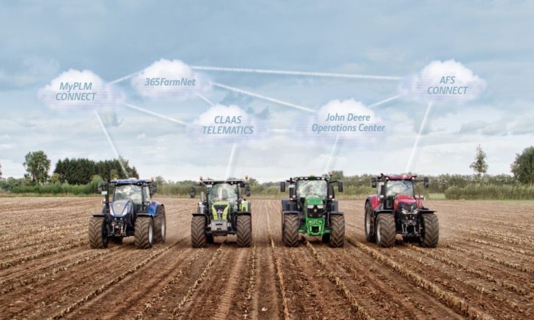4 different coloured tractors in a field with a graphic of interconnected clouds above them. The words in the clouds are, MyPLMCONNECT, 365FarmNet, CLAAS TELEMATICS, John Deere Operations Center, AFS Connect