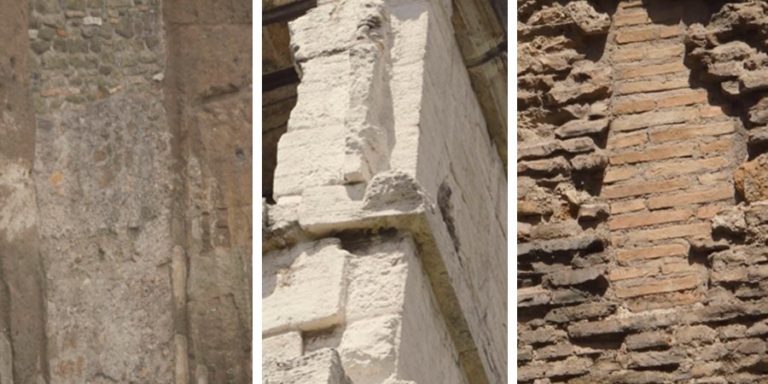 A series of 3 photographs from left to right- a wall showing grey uneven blocks of stone, a stone wall that is smooth and white and a wall that has thin red bricks