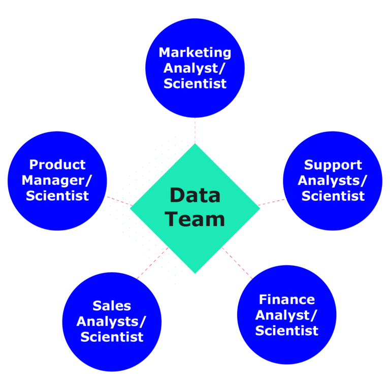 Diagram shows the data team and the surrounding embedded analysts, who have domain knowledge about the business function and understand datasets that can help them answer questions.