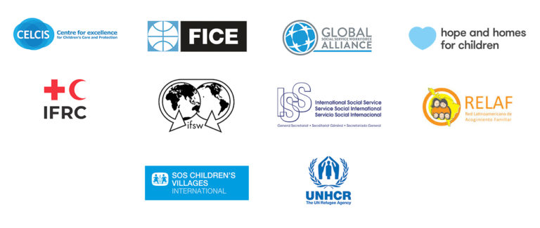 diagramme of the organisations that make up the MOOC Taskforce - in order they are CELCIS, FICE, Global Social Service Workforce Alliance, Hope and Homes for Children, IFRC, IFSW, ISS, RELAF, SOS Children's Villages and UNHCR