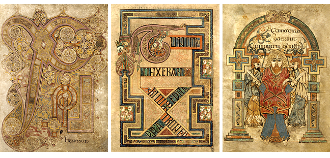 Figures 4-6, from the Book of Kells, two pages showing a large X, and an image of St. John, respectively