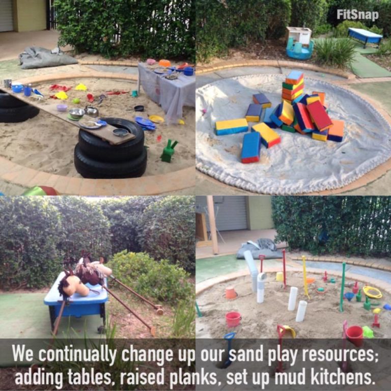 sand pits with raised tables and planks at an early childcare centre