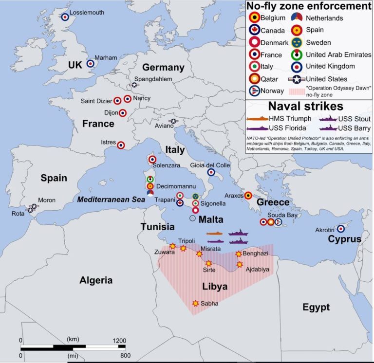 A map showing events of the coalition intervention in Libya