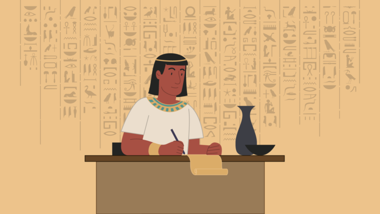 An ancient Egyptian scribe sits at a table, writing on a parchment. In the background there are columns of hieroglyphs; a collection of symbols, animals and objects like bowls and scales.