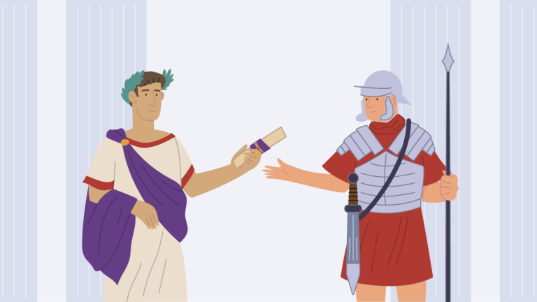 Julius Caesar hands a rolled up scroll to an army officer who is holding a spear with a sword on his belt.