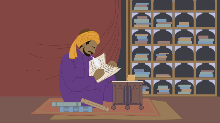 Al-Kindi sits on the floor making notes with a feather quill. A pile of books sits beside him and a bookshelf can be seen in the background.