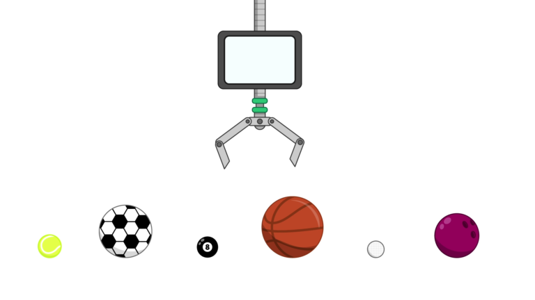 Six unsorted balls in a line, with a robotic claw with a screen above them. In order from left to right, the balls are a tennis ball, a soccer ball, a pool ball, a basketball, a golf ball and a bowling ball.
