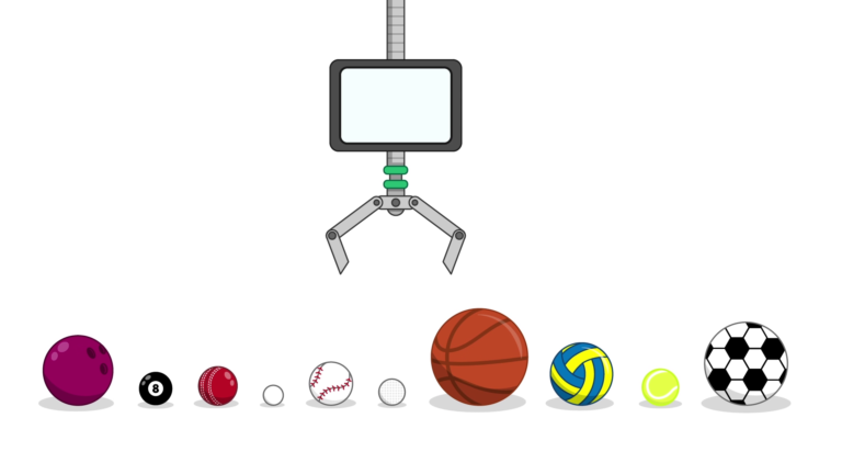 A set of 10 sports balls, with a robotic claw above them. The balls in order from the left are a bowling ball, a pool ball, a cricket ball, a ping-pong ball, a baseball, a golf ball, a basketball, a netball, a tennis ball and a soccer ball.