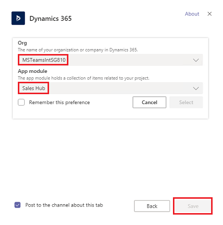 A screenshot of the Dynamics 365 app for Teams configuration screen, with Organisation and App Module options, highlighted, and the Save button greyed out