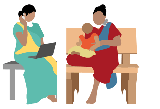 Image shows Aparna sitting on a bench with laptop on her lap and speaking on the phone (left panel) and a research participant sitting on a bench on the phone to Aparna with a child sitting on her lap (right panel)