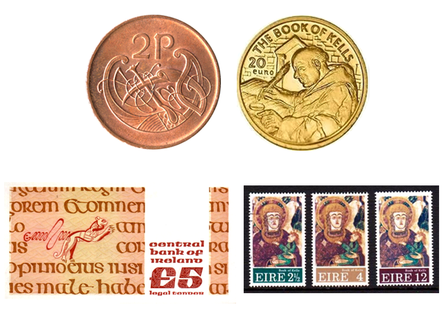 Figs 4-7, an Irish 2 pence coin, a special issue €20 coin, an Irish £5 note, Irish postage stamps, respectively. Each have designed influenced by the Book of Kells