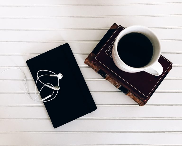 Books, ear buds, from above, lifestyle, hot tea, coffee, routine, daily life