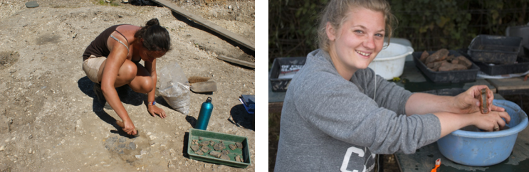 From left to right: A photo of a student on site and a photo of a student washing some finds
