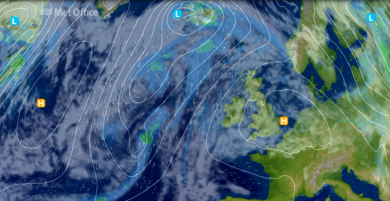 Weather graphics showing a map of the North Atlantic and Northwest Europe. A large area of high pressure covers much of the UK, with a low centred over Iceland and cloud and rain to the west of the UK
