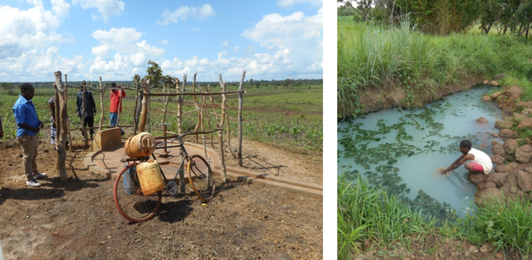 Photo of hand pump without water in dry season (left) and traditional water resource used instead (right