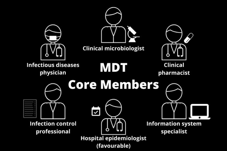 List of core team members - clinical microbiologist, clinical pharmacist, information system specialist, hospital epidemiologist, infection control professional, and infectious disease physician