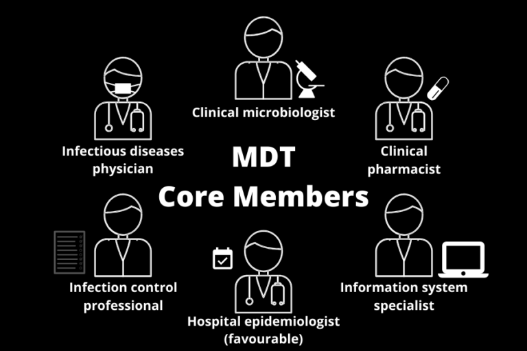 List of core MDT members - clinical microbiologist, clinical pharmacist, information system specialist, hospital epidemiologist, infection control professional, and infectious disease physician