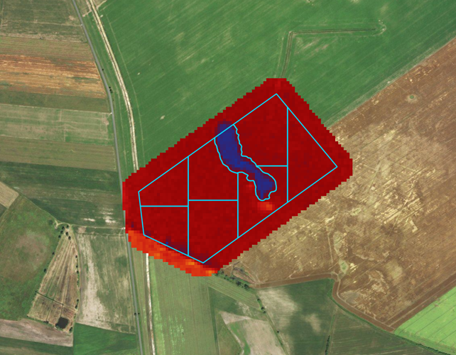 satellite map B showing a patchwork of fields an area of which is coloured red and divided into zones in a grid pattern (pale blue). The wet (dark blue) area looks like a long narrow pond. In this case the dark blue area is outlined in pale blue and represents a separate zone from the rest of the grid.