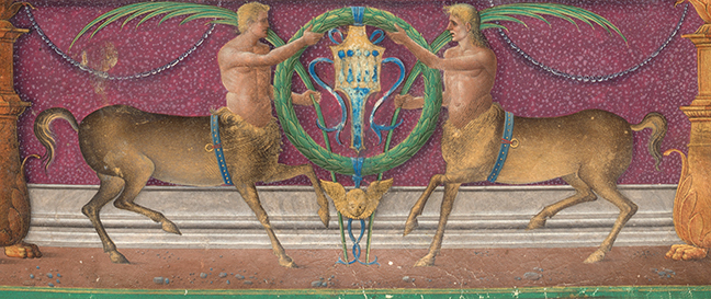 Detail of a coat of arms from Plutarch with two centaurs holding a wreath, *Vitae Virorum Illustrium* (Venice, 1478), vol. 2, fol. 1r. © The Board of Trinity College Dublin.