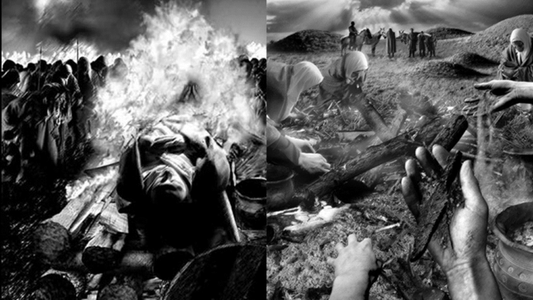 Reconstructions: black and white photos of a funeral pyre with body and flames, mourners in the background (left) and women selecting remains from the embers of a fire with a clay pot in foreground (right)