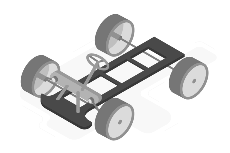 The chassis of an automobile showing the wheels, axels and steering wheel attached to the frame