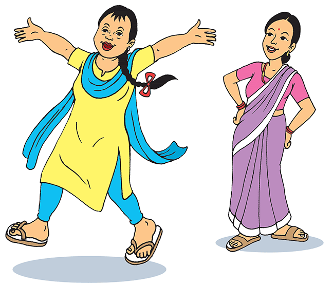 Bishesta is striding into the foreground, smiling, with her arms held high. Perana stands behind Bishesta and proudly watches at her. Bishesta wears blue and yellow, which are the campaign colours