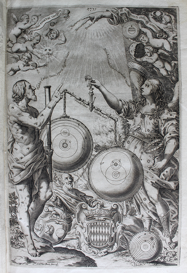 Three cosmic systems illustrated on the frontispiece of volume 1 of Giovanni Battista Riccioli *Almagestum Novum* (Bologna, 1651). © The Trustees of the Edward Worth Library, Dublin.