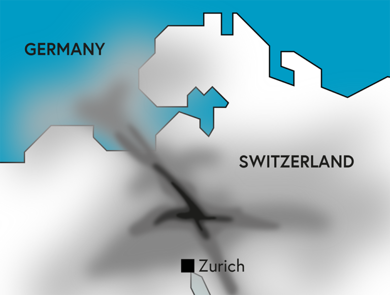 A map that shows the strong traffic of airplanes around Zurich