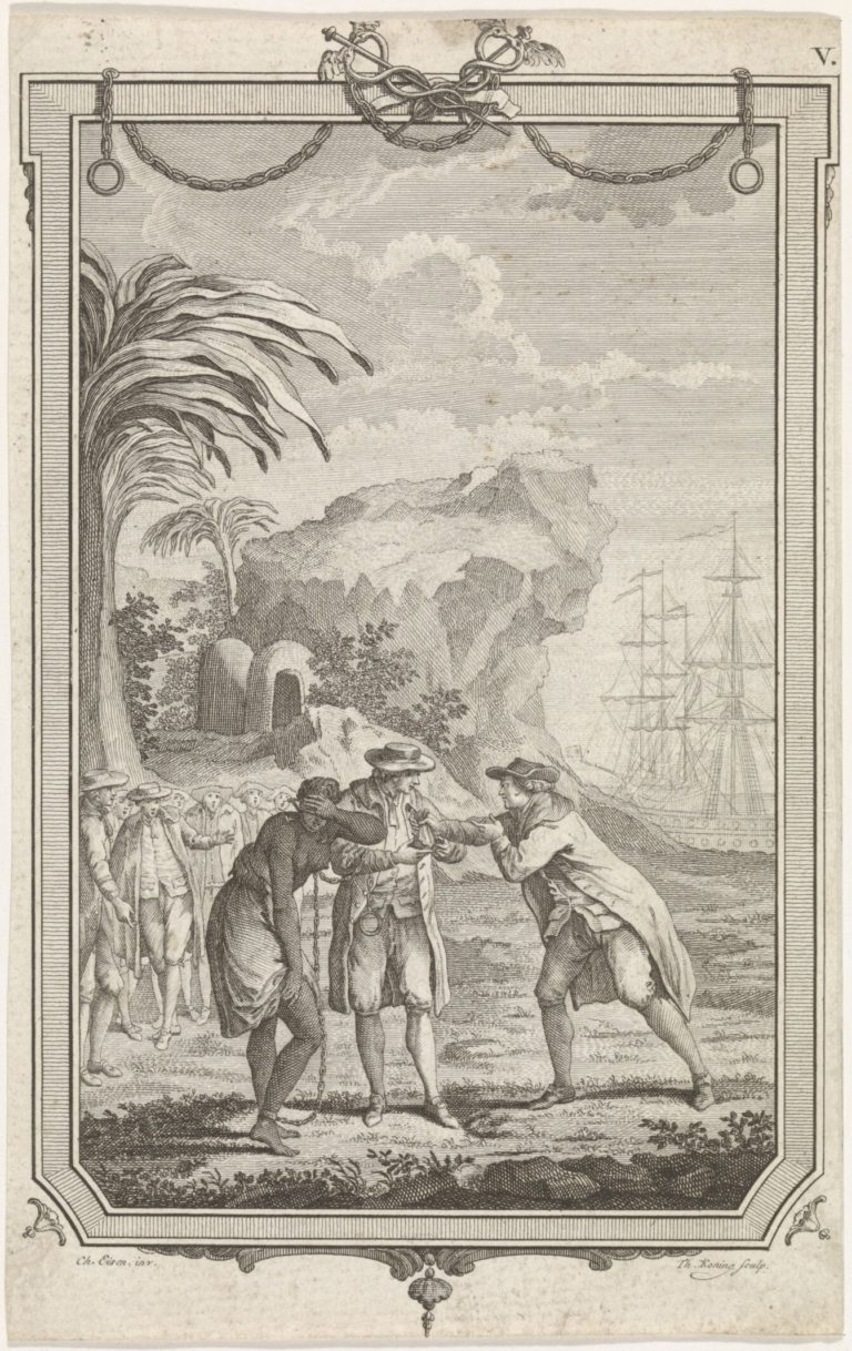 In a rocky landscape with palm trees, a man sells a slave girl to another man. The enslaved black woman is bent over and has put her left hand over her eyes. Masts of sailing ships on the right.
