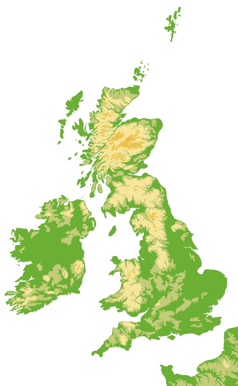 Map of the UK showing where the high ground is
