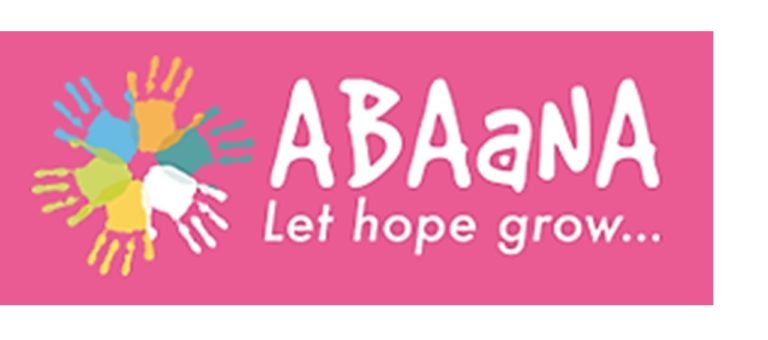 The logo of ABAaNA. On a pink background, five illustrated hands sit alongside the name of the programme and the tagline 'Let hope grow'