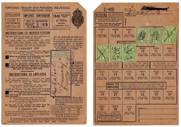 1940 British National Health Insurance card for an employed woman