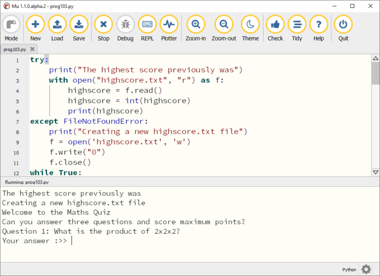 mu running the program above showing the message "Creating a new highscore.txt file"