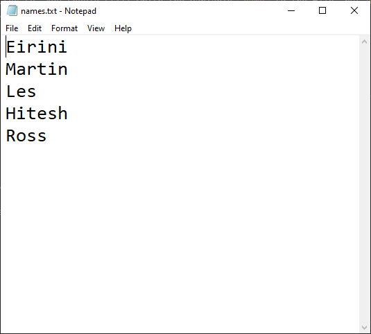 Image showing the contents of names.txt.